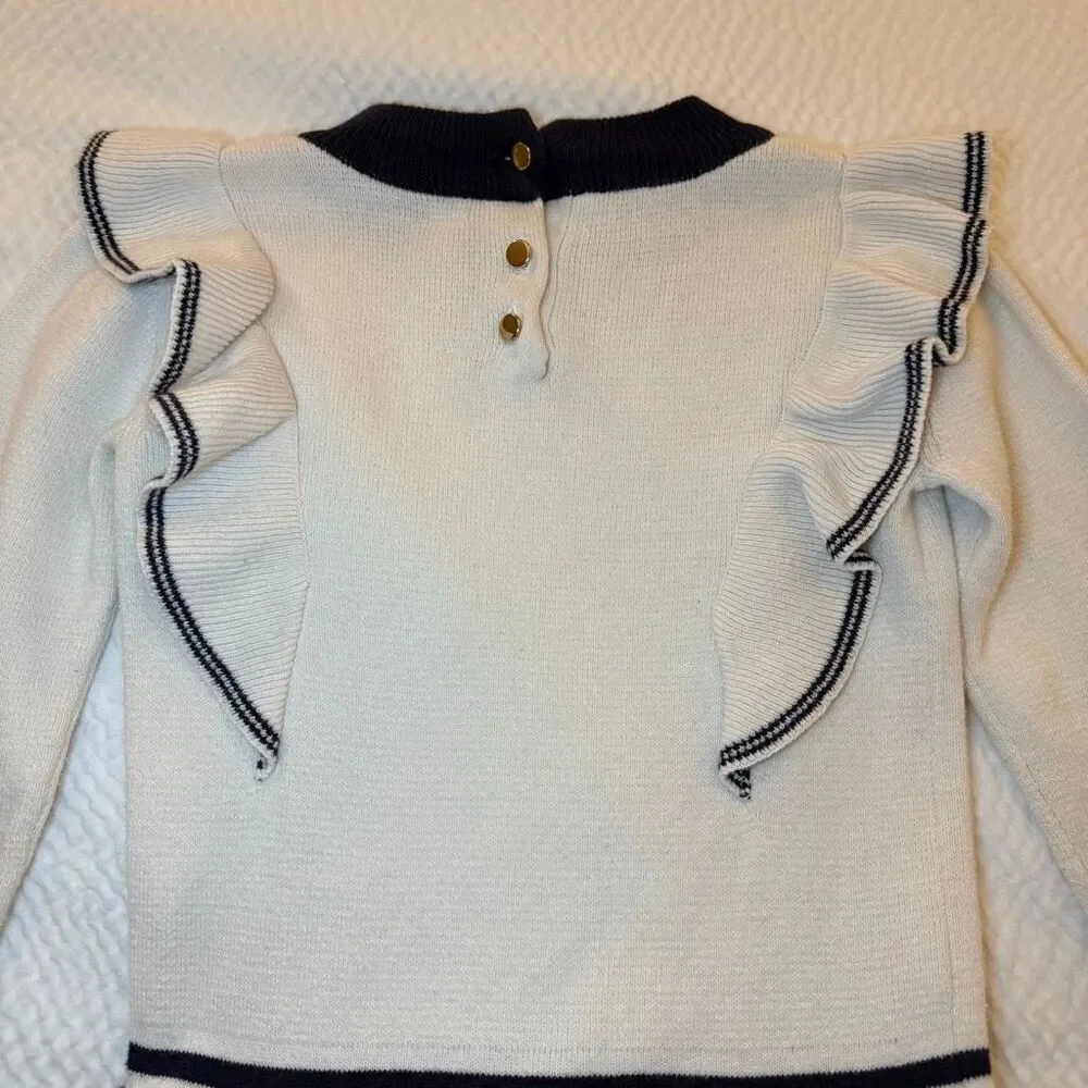 Hope & Henry | Ivory Navy Knit Dress | Ruffle Trim and Mock Neck | Girls 5